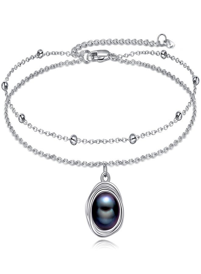 POPLYKE S925 Sterling Silver Black Pearl Anklet Layered Chain Ankle Bracelet for Women Summer Beach Black Jewelry - Image 1