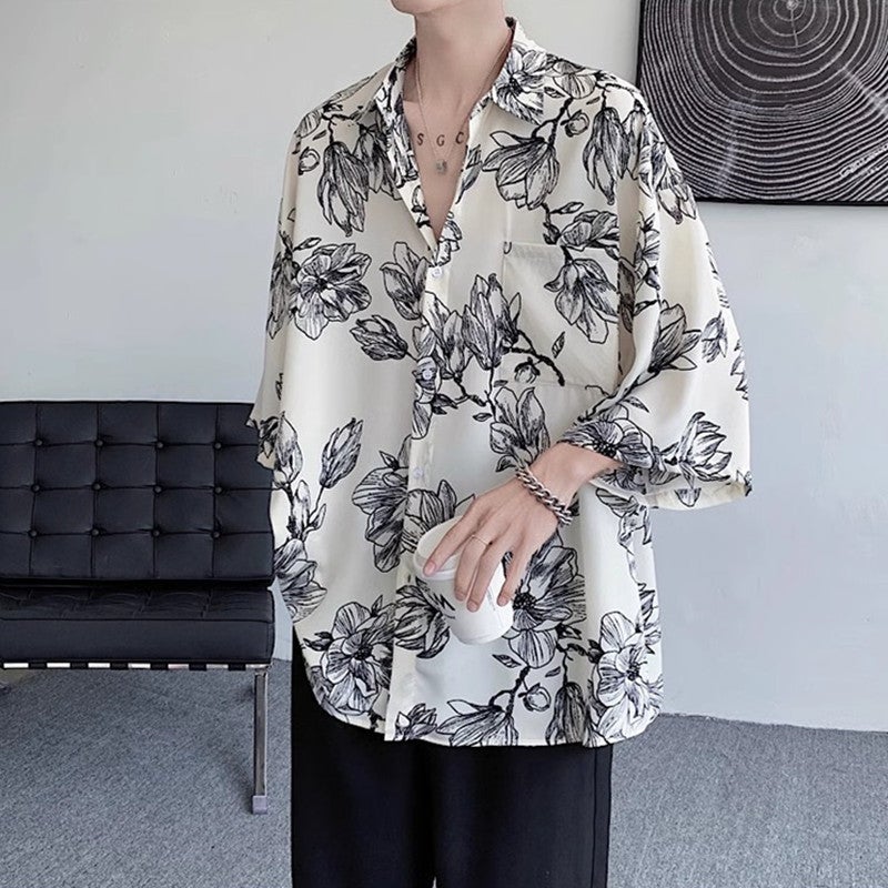 Plus Size 300 Jin Hong Kong Style 2025 Retro Flower Full Print Short Sleeve Shirt Men'S Summer Loose Couple Casual Shirt - Image 1