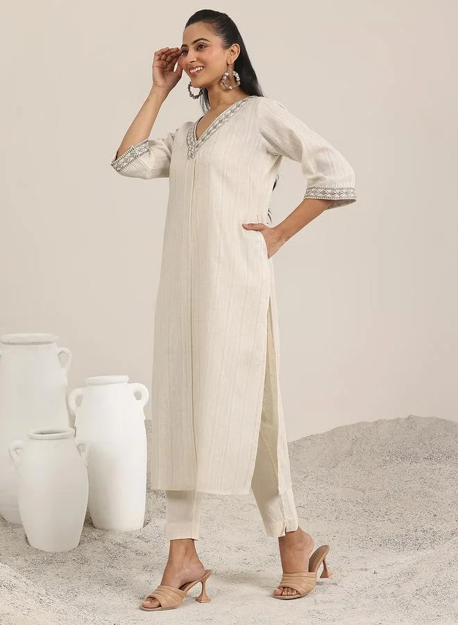 Libas Off White Printed cotton blend Straight Kurta