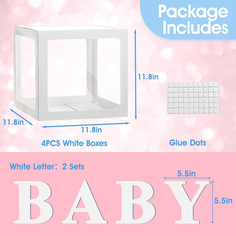 Lovelite Baby Boxes with Letters for Baby Shower, 4 Transparent Balloon Boxes with 2 Sets BABY Letters for Gender Reveal Decorations Boys Girls Birthday Wedding Party Backdrop, White - Image 2