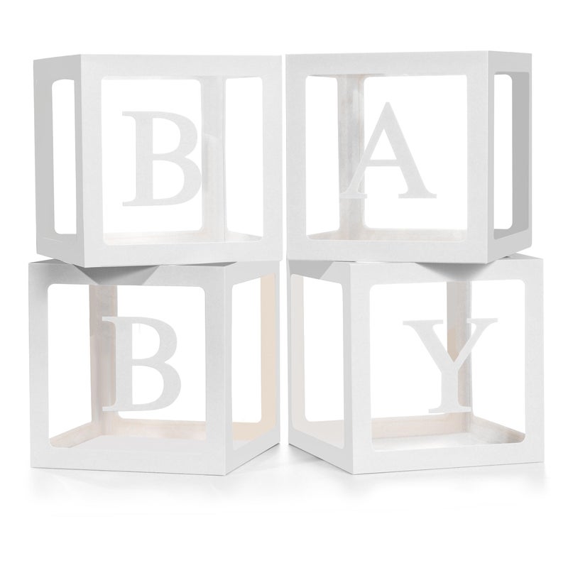Lovelite Baby Boxes with Letters for Baby Shower, 4 Transparent Balloon Boxes with 2 Sets BABY Letters for Gender Reveal Decorations Boys Girls Birthday Wedding Party Backdrop, White - Image 1