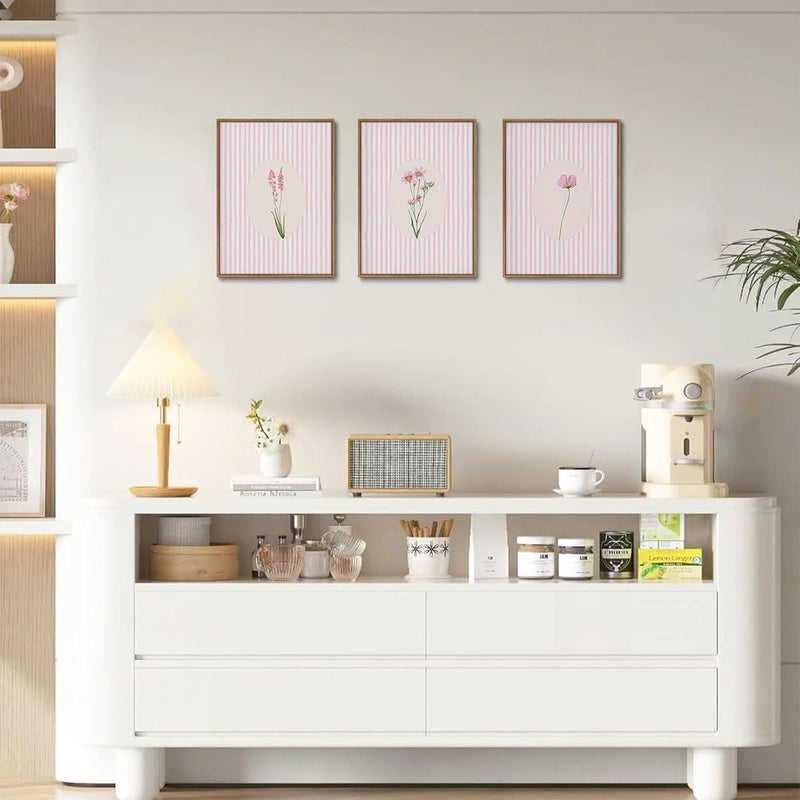 KISSFOX 3 Piece Framed Wall Art Wildflowers Wall Decor Botanical Canvas Art Floral Pictures Stripe Paintings Pink Prints Boho Artwork for Bedroom Living Room - Image 4