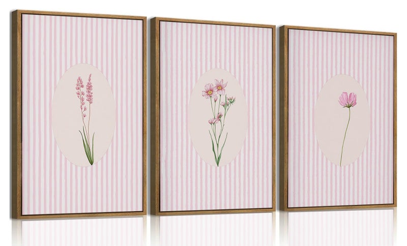 KISSFOX 3 Piece Framed Wall Art Wildflowers Wall Decor Botanical Canvas Art Floral Pictures Stripe Paintings Pink Prints Boho Artwork for Bedroom Living Room - Image 1