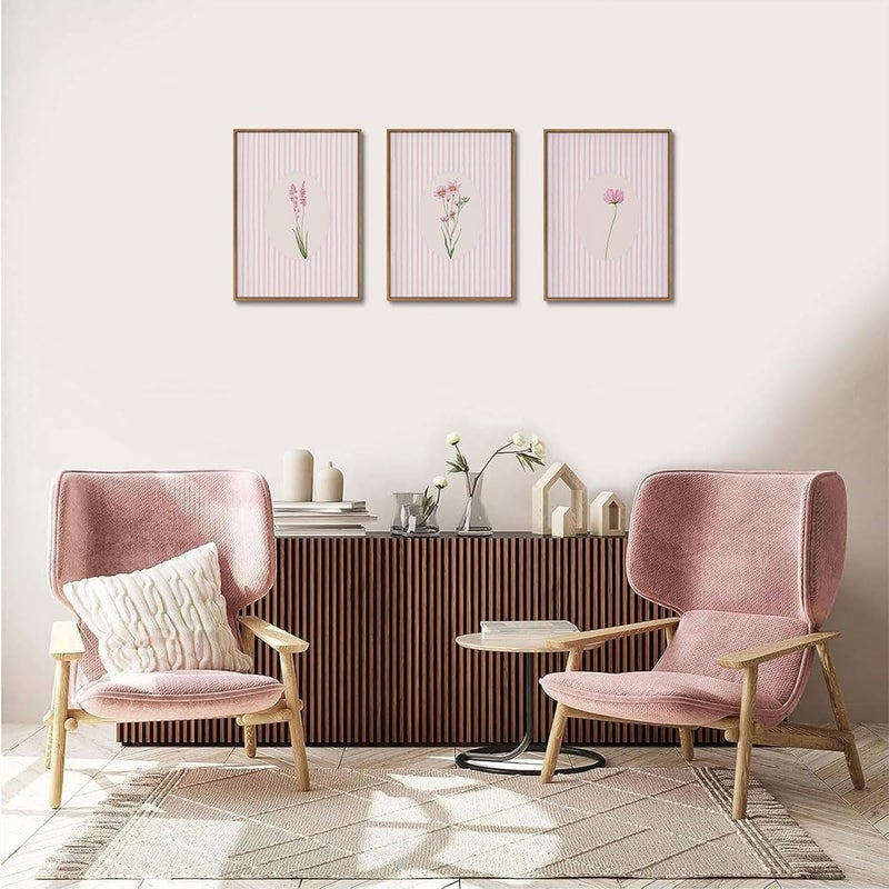 KISSFOX 3 Piece Framed Wall Art Wildflowers Wall Decor Botanical Canvas Art Floral Pictures Stripe Paintings Pink Prints Boho Artwork for Bedroom Living Room - Image 2