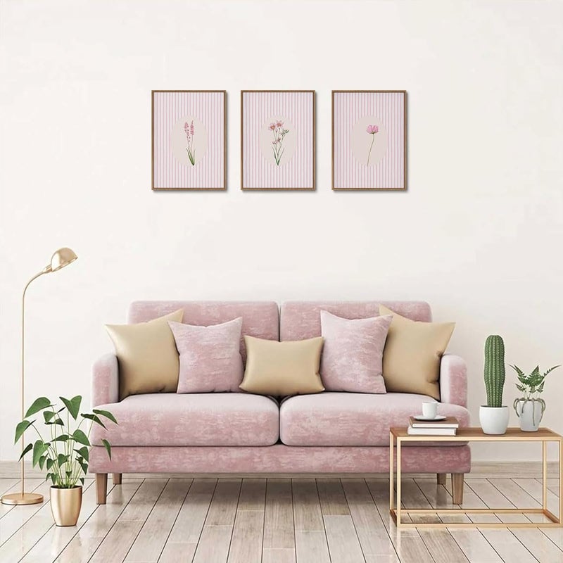 KISSFOX 3 Piece Framed Wall Art Wildflowers Wall Decor Botanical Canvas Art Floral Pictures Stripe Paintings Pink Prints Boho Artwork for Bedroom Living Room - Image 3