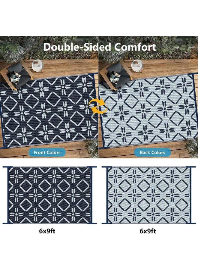 Kohree RV Outdoor Rugs, RV Outdoor Mat 6' x 9' Weatherproof Outdoor Camping Rug Outdoor Patio Rugs Clearance with Corner Loops for Patio, Camping, RV, Deck, Backyard, Picnic, Blue & Light Blue - Image 2