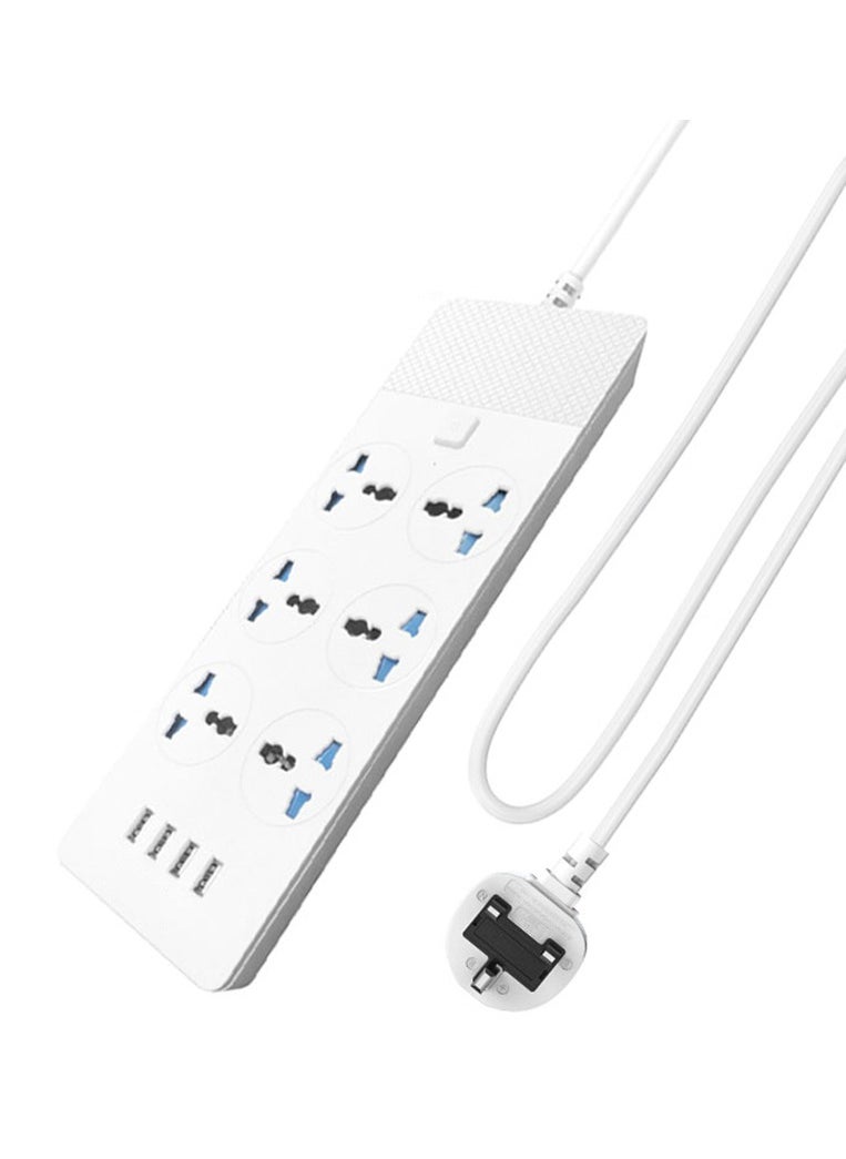 MileMelo - Power Strips Extension Cord 6 Outlets, Universal Plug Adapter with 4 USB Ports Surge Protector, Charging Socket with 2M Bold Extension Cord (White) - Image 1