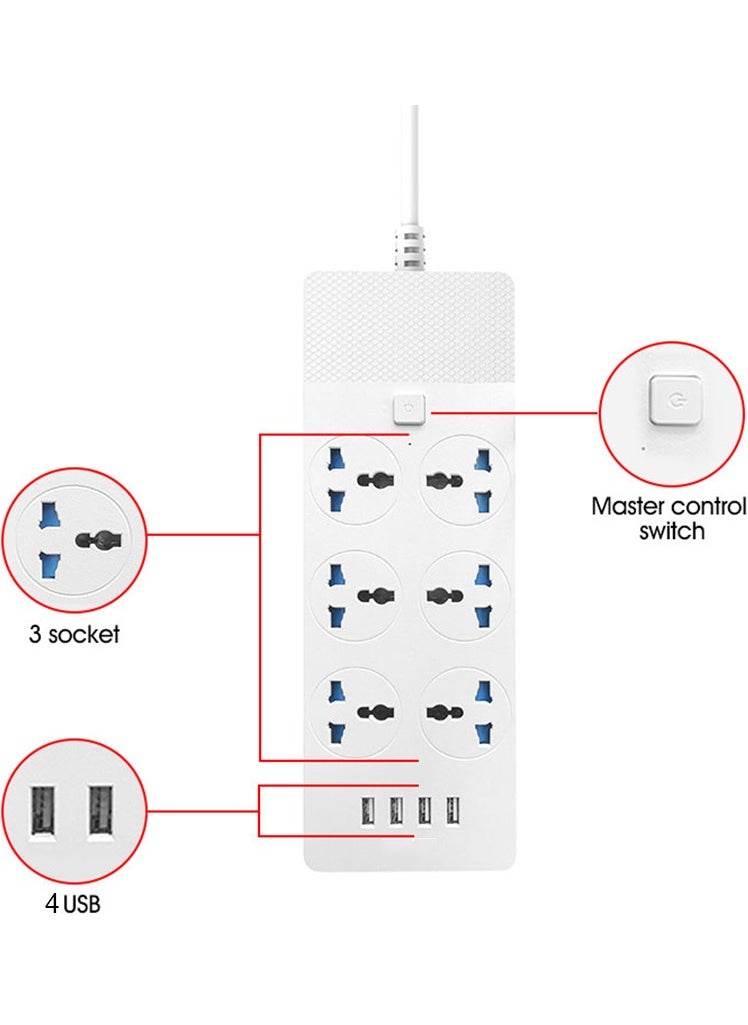 MileMelo - Power Strips Extension Cord 6 Outlets, Universal Plug Adapter with 4 USB Ports Surge Protector, Charging Socket with 2M Bold Extension Cord (White) - Image 1