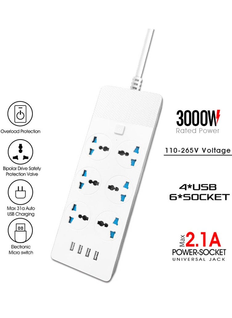 MileMelo - Power Strips Extension Cord 6 Outlets, Universal Plug Adapter with 4 USB Ports Surge Protector, Charging Socket with 2M Bold Extension Cord (White) - Image 1