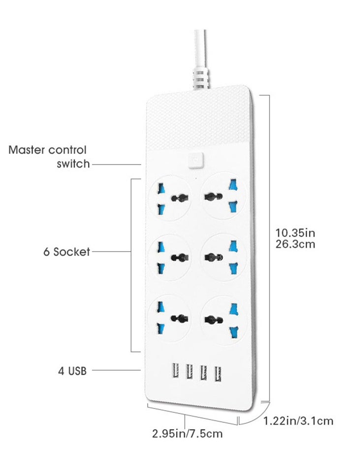 MileMelo - Power Strips Extension Cord 6 Outlets, Universal Plug Adapter with 4 USB Ports Surge Protector, Charging Socket with 2M Bold Extension Cord (White) - Image 1