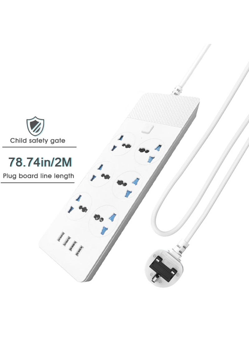 MileMelo - Power Strips Extension Cord 6 Outlets, Universal Plug Adapter with 4 USB Ports Surge Protector, Charging Socket with 2M Bold Extension Cord (White) - Image 1
