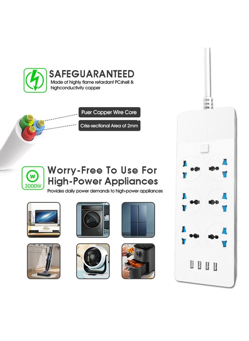 MileMelo - Power Strips Extension Cord 6 Outlets, Universal Plug Adapter with 4 USB Ports Surge Protector, Charging Socket with 2M Bold Extension Cord (White) - Image 1