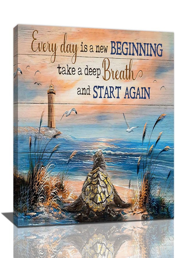 eiffecho Sea Turtle Bathroom Decor Wall Art Beach Blue Ocean Lighthouse Inspirational Quotes Pictures Wall Decor Canvas Painting Prints Artwork Home Decorations Framed for Bedroom Office Kitchen 16"x12" - Image 1