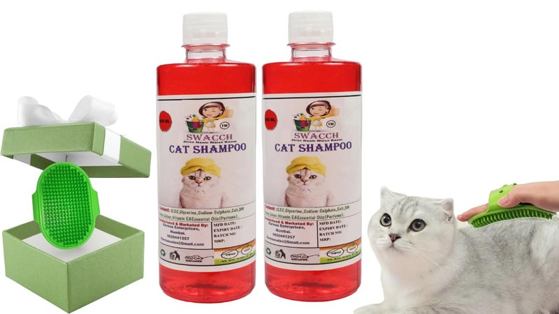 Swacch Cat Shampoo -500ml (Pack of 2) (Jasmine) + Bath Brush with Adjustable Straps Combo Pack - Image 1