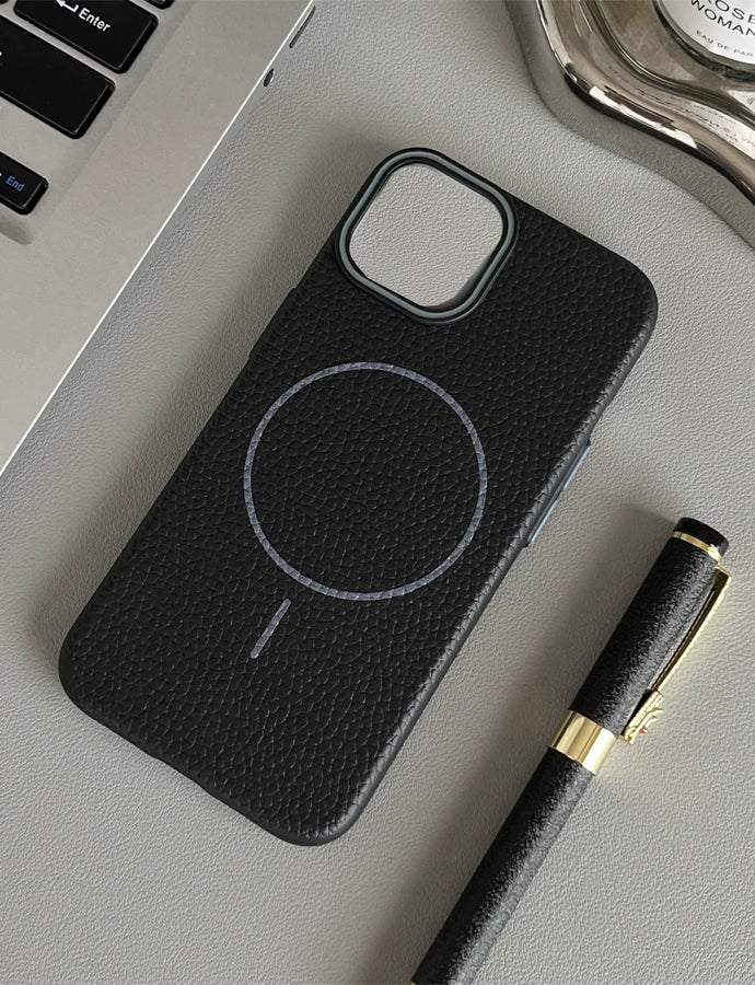 Magsafe Phone Case For iPhone 11 Pro Max With High Quality Rubber Frame And Slim Lychee Pattern Leather Case with Camera Lens Protection Shockproof Cover And support wireless Charging Leather Cover for iPhone 11 Pro Max - Black - Image 2