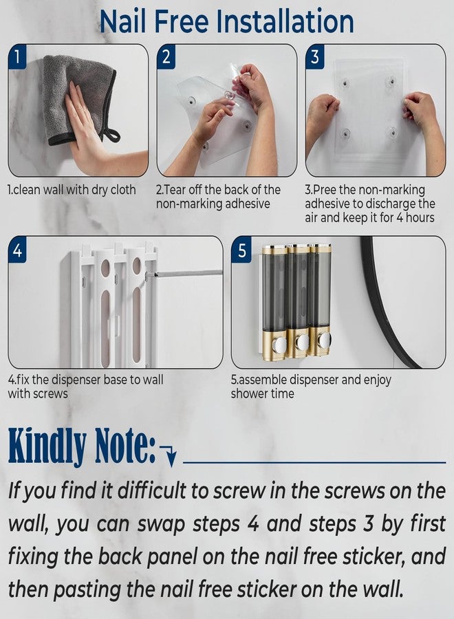 Pollock Shampoo and Conditioner Dispenser, Shower Soap Dispenser 3 Chamber No Drill Shampoo Dispenser for Shower Wall Mounted Shampoo Conditioner Body Wash Dispenser for Bathroom, Hotel Gold - Image 2