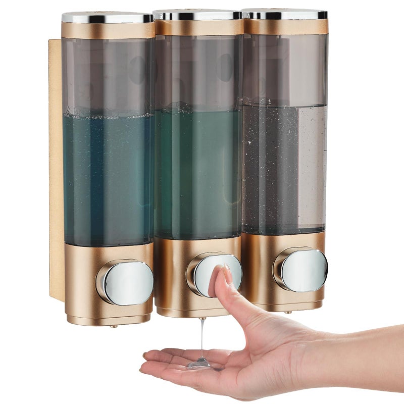 Pollock Shampoo and Conditioner Dispenser, Shower Soap Dispenser 3 Chamber No Drill Shampoo Dispenser for Shower Wall Mounted Shampoo Conditioner Body Wash Dispenser for Bathroom, Hotel Gold - Image 1