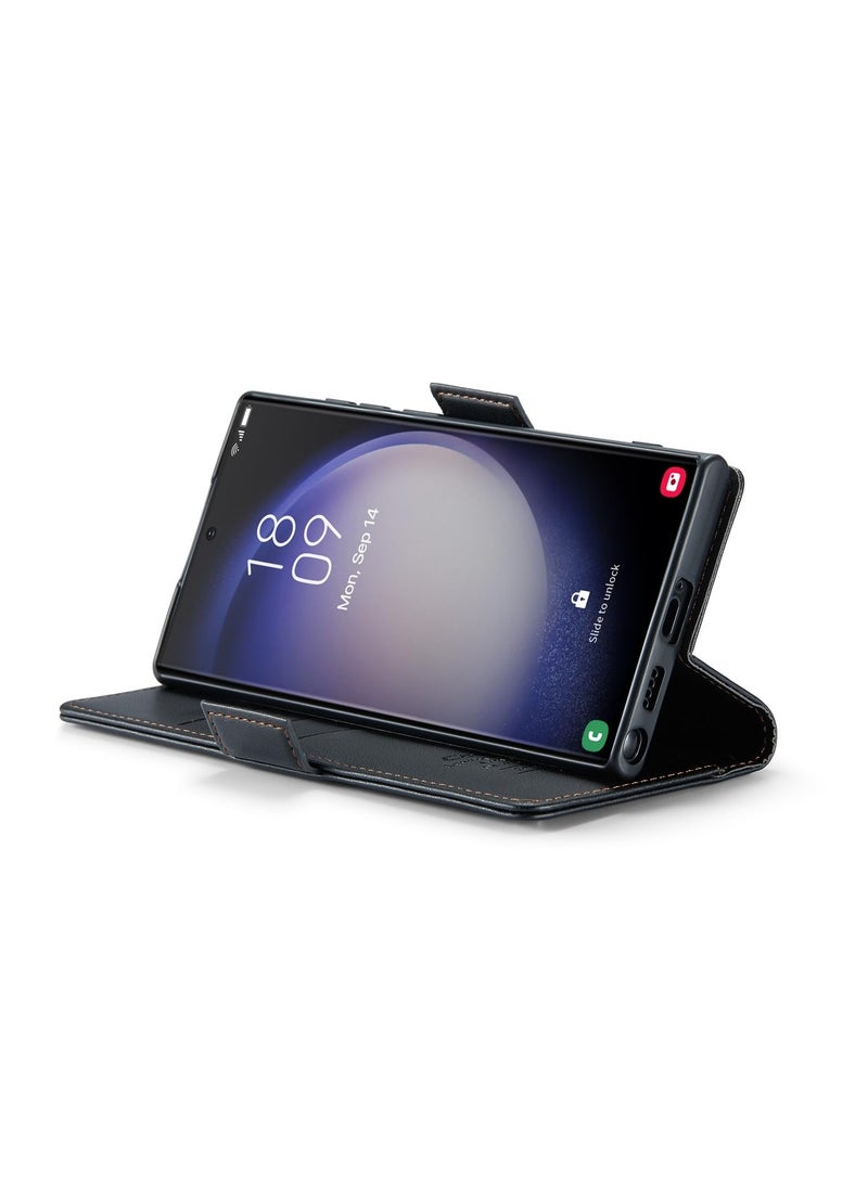 CaseMe Phone Case Luxury PU Leather Design Anti Fingerprint 023 Flip Cover Card Slot Holder Cover For Samsung Galaxy S24 Ultra (Black) - Image 2