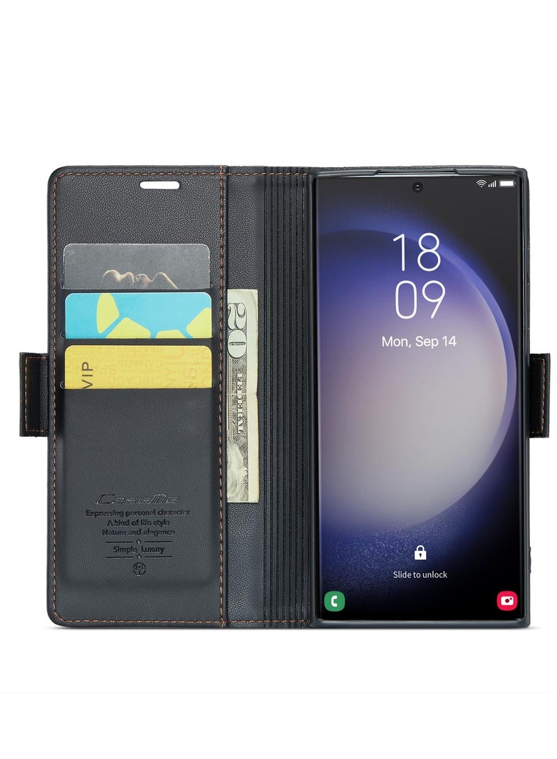CaseMe Phone Case Luxury PU Leather Design Anti Fingerprint 023 Flip Cover Card Slot Holder Cover For Samsung Galaxy S24 Ultra (Black) - Image 3