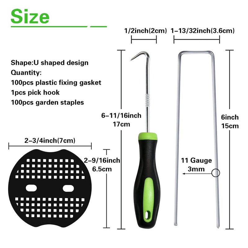 Bakulyor 100Pcs Garden Stakes Staples + 100Pcs Gasket, Bakulyor 6 Inch Lawn Landscape Staples 11 Gauge U Shaped Galvanized Landscape Pins, Heavy Duty Yard Ground Pin for Weed Barrier Sod Fabric Decorations - Image 2