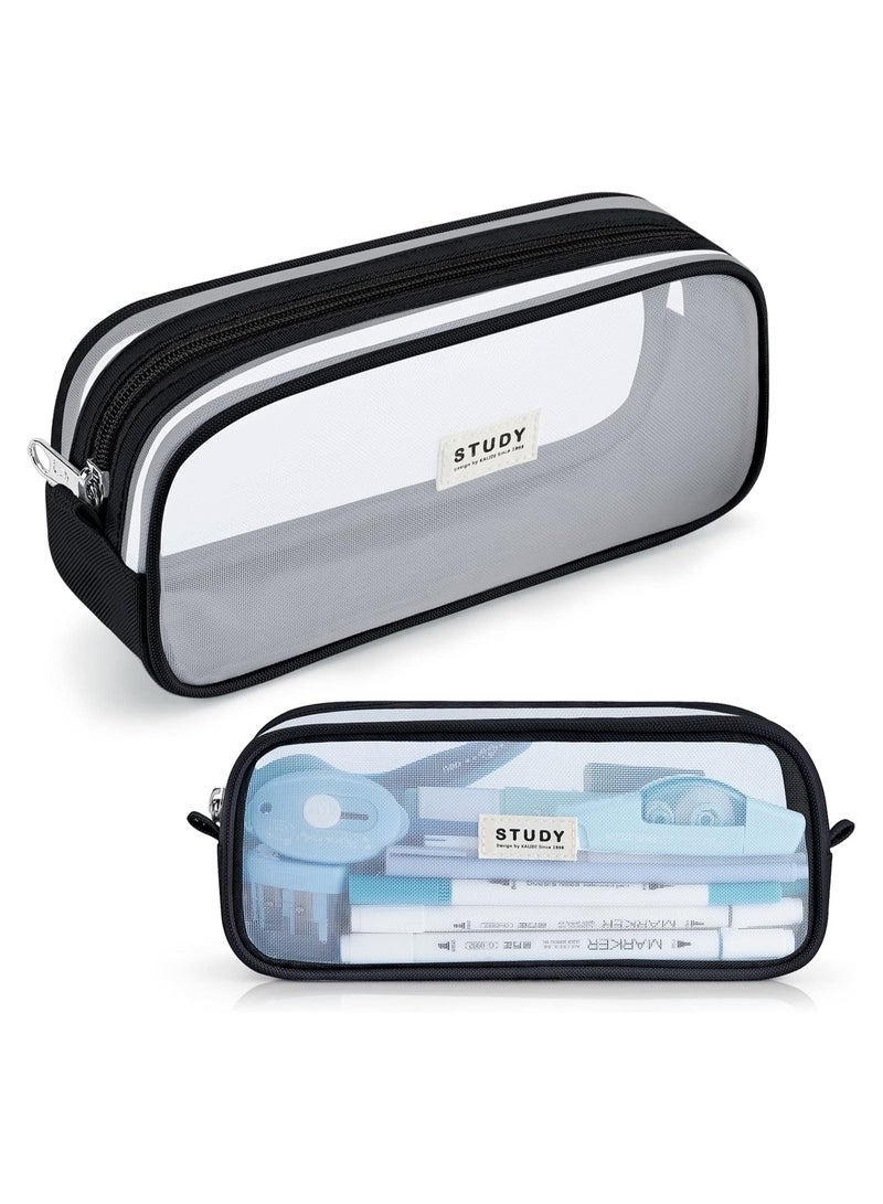 Study Grid Mesh Pencil Case Pen Bag Clear Case Marker Pouch Multifonction Organizer Box Transparent case Makeup Bag Office College School Gift for adults Teen Girl Boy, black, Clear - Image 1