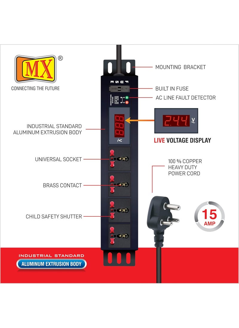MX MX 4 Outlet Universal Power Strip with Live Voltage Display 616 AMP Parameter 30W265V WallRack Mount Built in Fuse Master Switch Wall Mount Heavy Duty 15m Power Cord  - Image 3