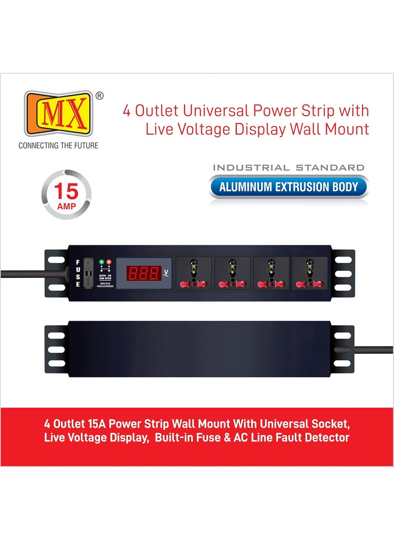 MX MX 4 Outlet Universal Power Strip with Live Voltage Display 616 AMP Parameter 30W265V WallRack Mount Built in Fuse Master Switch Wall Mount Heavy Duty 15m Power Cord  - Image 2