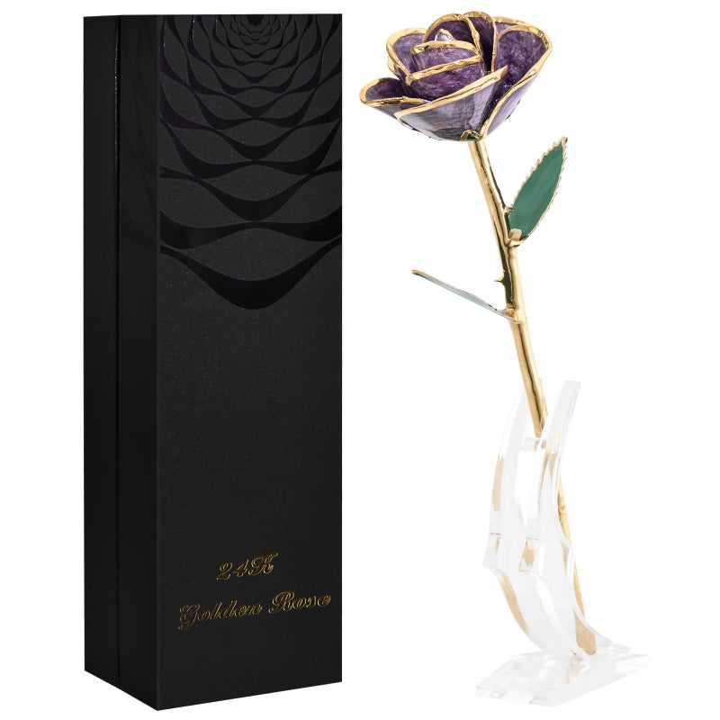 SW Purple Gold Rose Gifts for Women24k Gold Dipped Real Rose Lasted Forever with Stand Gift for Mom HerChristmasValentines Day Mothers Day Birthday