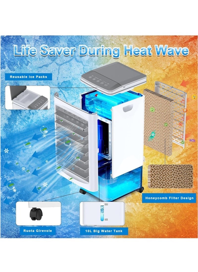 Evaporative Air Cooler, 3-speed Adjustable Large Water Tank Portable Air Conditioner, 7-hour Timing, Desert Cooler with Remote Control and Touch Control, Suitable for Living Room, Bedroom, Office, Study - 10L