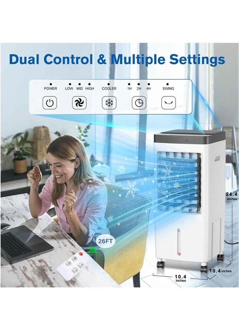 Evaporative Air Cooler, 3-speed Adjustable Large Water Tank Portable Air Conditioner, 7-hour Timing, Desert Cooler with Remote Control and Touch Control, Suitable for Living Room, Bedroom, Office, Study - 10L
