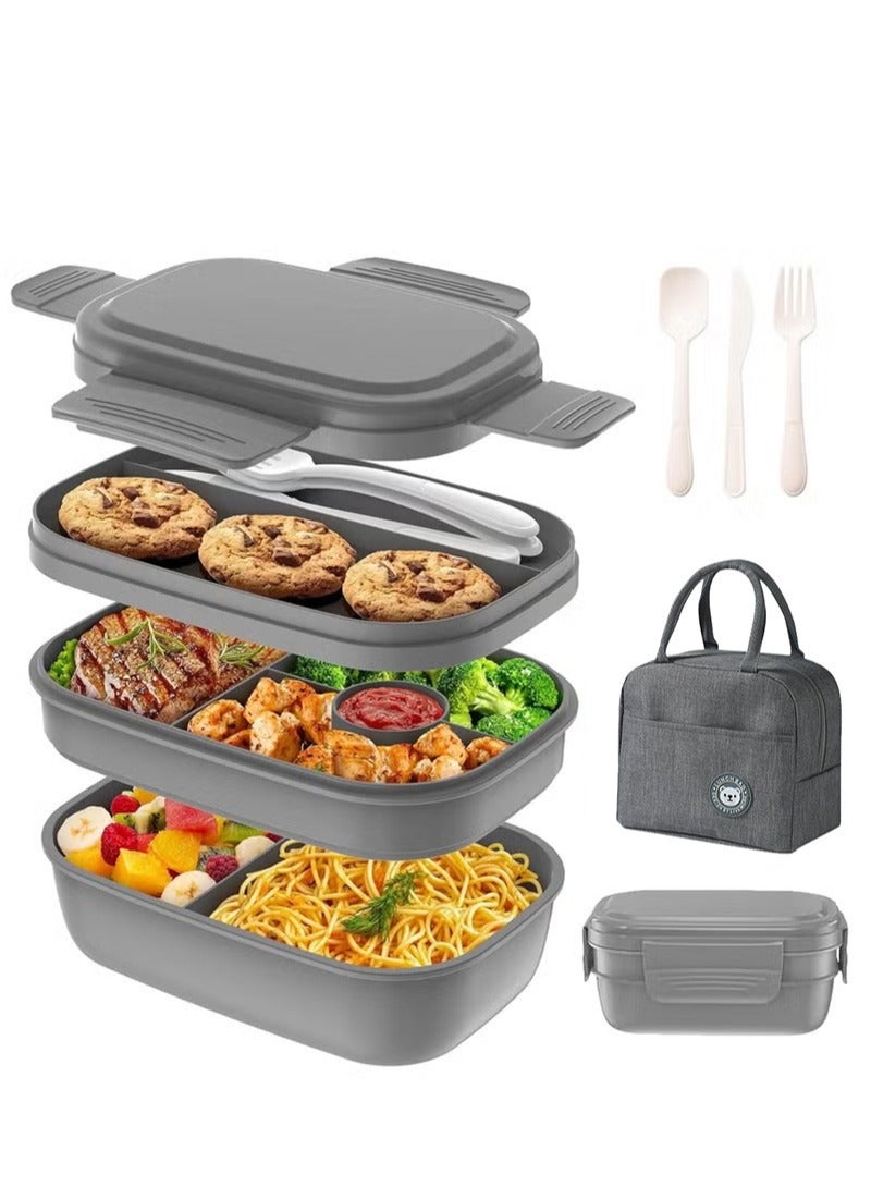 Topyich Lunch Box for Kids, 3 Layer Stackable Bento Box with Bag, Lunch Containers for Kids Adults, Lunch Box Built-in Plastic Utensil Set(Grey) - Image 1