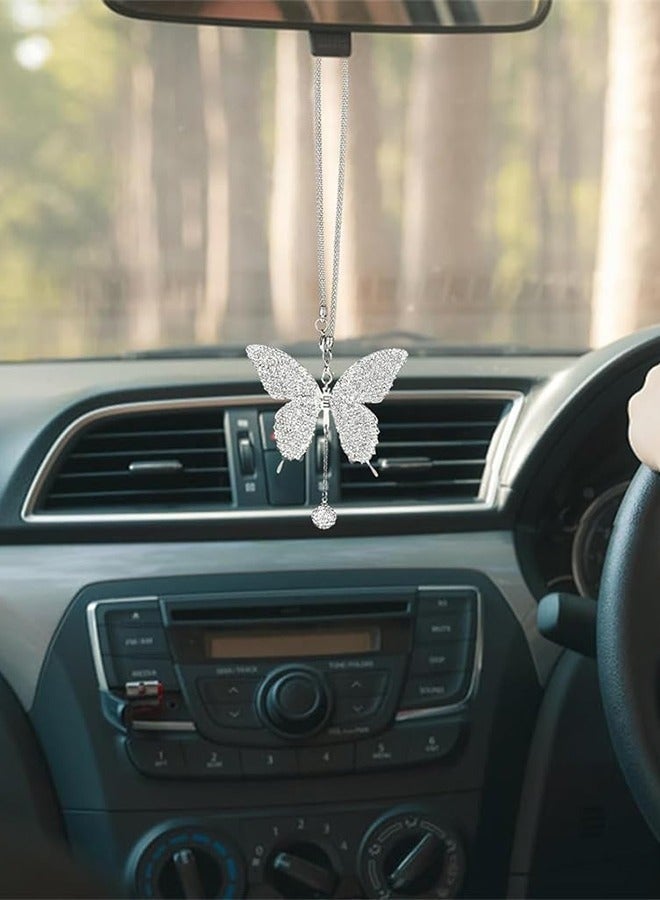 Butterfly Shape Car Ornaments Car Interior Mirror Ornaments Car Diamond Rearview Mirror Accessories Car Hanging Ornament White - Image 2