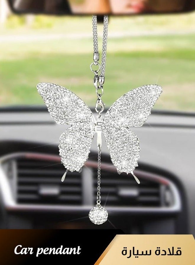 Butterfly Shape Car Ornaments Car Interior Mirror Ornaments Car Diamond Rearview Mirror Accessories Car Hanging Ornament White - Image 1