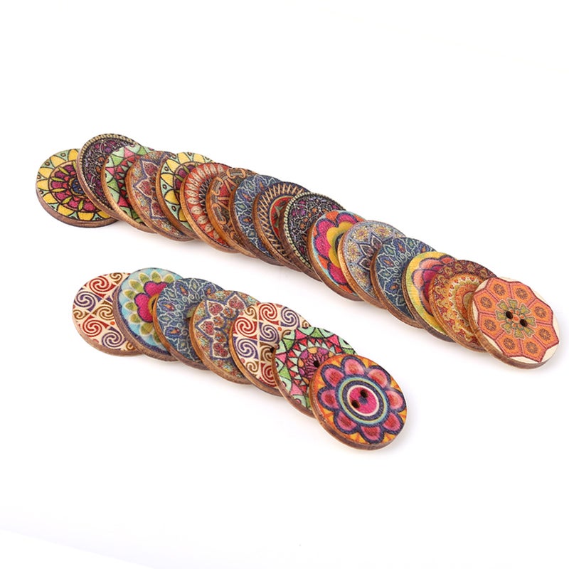 100 Pcs Mixed Pattern Vintage Wood Buttons with 2 Holes for DIY Sewing Craft Decorative 25mm - Image 2