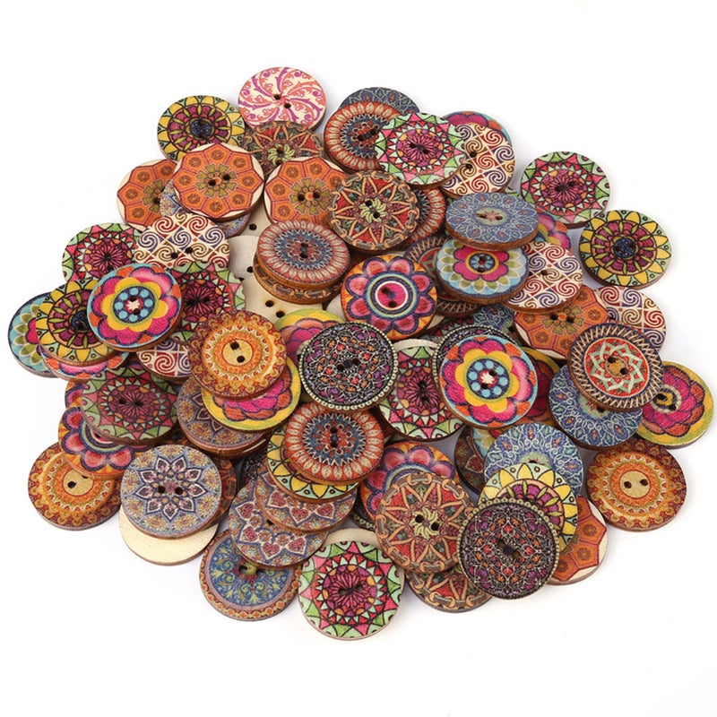 100 Pcs Mixed Pattern Vintage Wood Buttons with 2 Holes for DIY Sewing Craft Decorative 25mm - Image 4