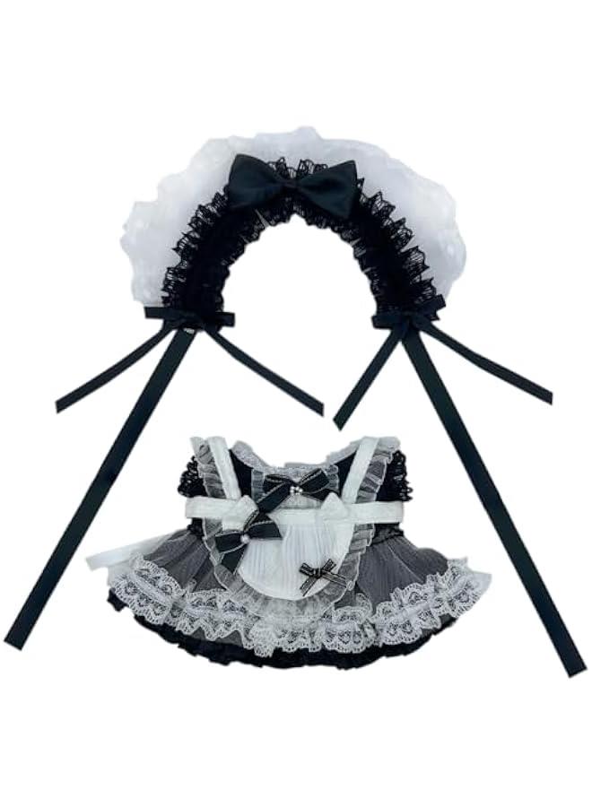 Headdress Dress Apron 10cm 15cm 20cm Plush Doll Lace Maid Outfit Dress Up Accessories (Black-20cm)  - Image 1