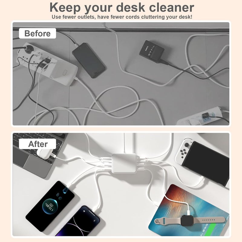 في اتش بي دبليو شاحن USB 8 منافذ، شاحن USB C متعدد المنافذ للسفر، محطة شحن صغيرة بمنافذ USB C وUSB A، كتلة محطة شحن (أبيض) - Image 4