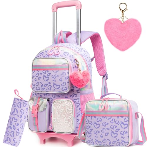 Meetbelify Girls Rolling Backpack with Wheels - Cute Kawaii Carry On Backpack for Elementary Students - Purple with Lunch Box - Image 1