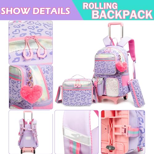 Meetbelify Girls Rolling Backpack with Wheels - Cute Kawaii Carry On Backpack for Elementary Students - Purple with Lunch Box - Image 2