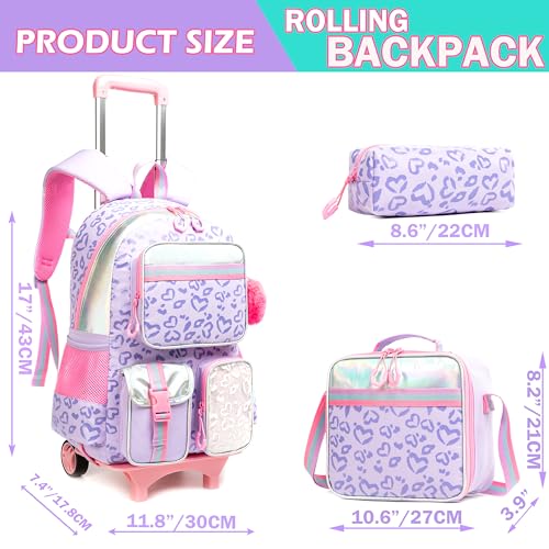Meetbelify Girls Rolling Backpack with Wheels - Cute Kawaii Carry On Backpack for Elementary Students - Purple with Lunch Box - Image 3