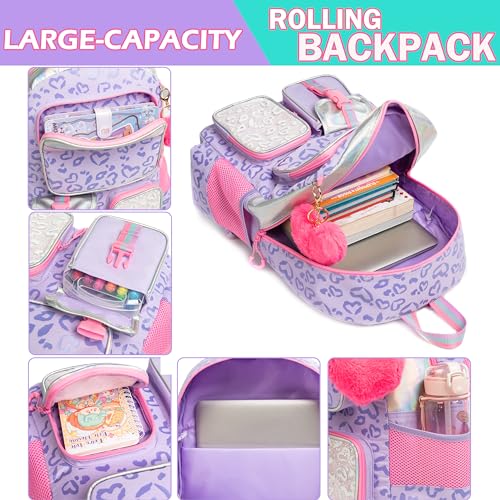Meetbelify Girls Rolling Backpack with Wheels - Cute Kawaii Carry On Backpack for Elementary Students - Purple with Lunch Box - Image 5