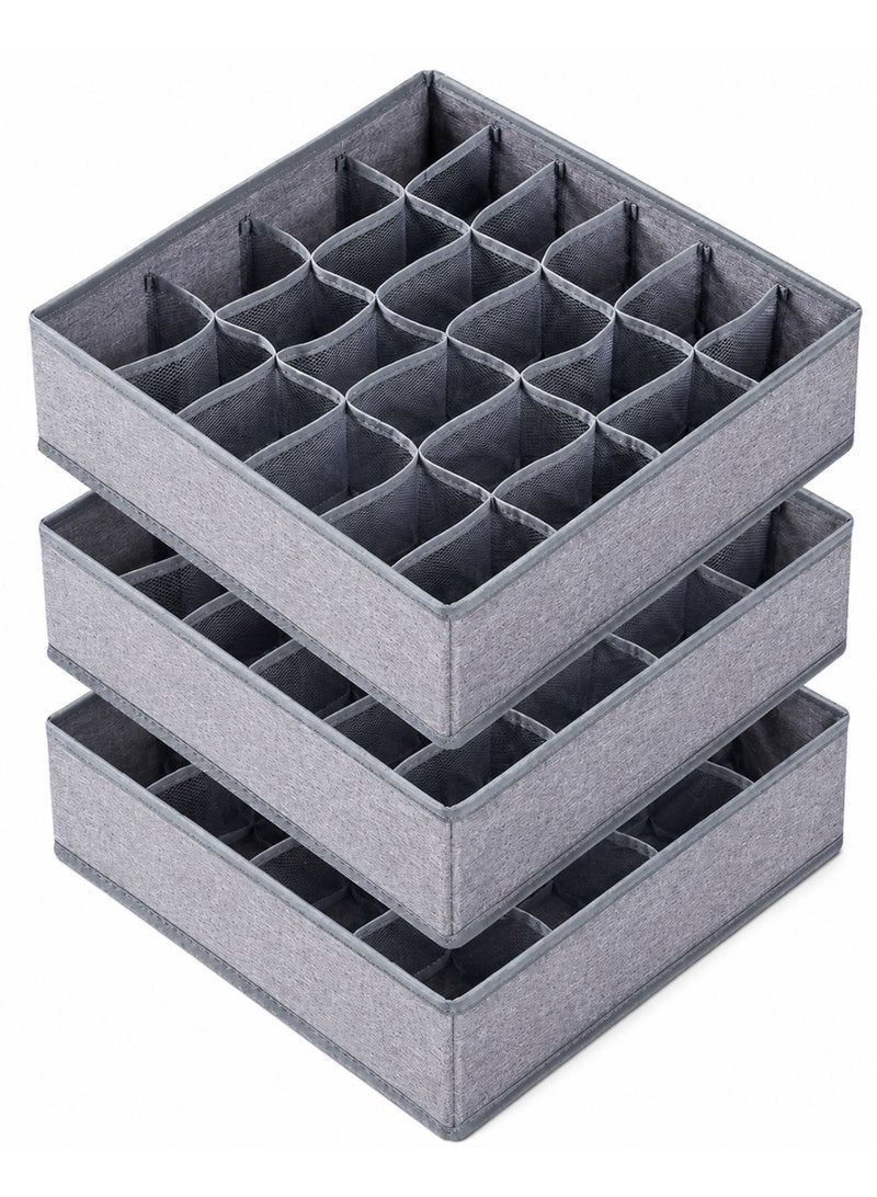 ELASAR 3 Packs Wardrobe Organiser Drawer Organiser Underwear Sock Organizer for Drawer, 64 Cell Foldable Closet Organizer Divider Cabinet Organizer Underwear Storage Boxes for Storing Socks, Handkerchiefs, Ties, Belts (24+24+16 Cell, Grey) - Image 1