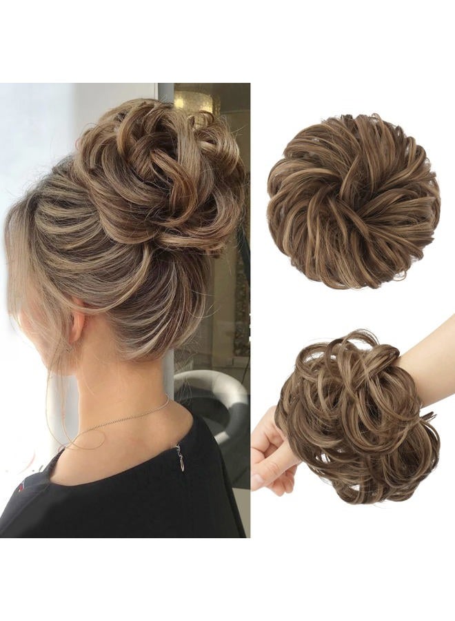FESHFEN Messy Bun Hair Piece - Large Wavy Curly Elastic Hair Bun Scrunchies Ponytail Extensions Synthetic Chignon Hairpieces for Women, Light Ash Brown Mixed Golden Brown 1.94oz - Image 1