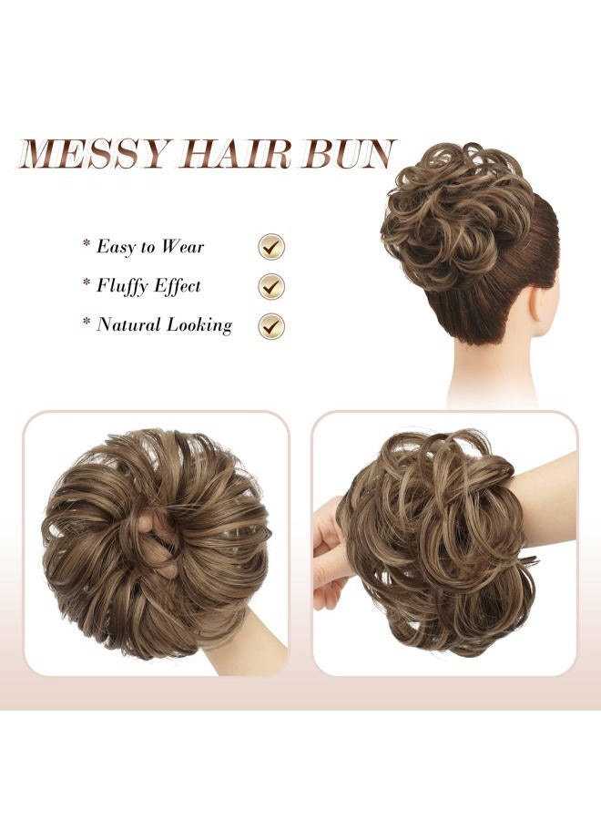 FESHFEN Messy Bun Hair Piece - Large Wavy Curly Elastic Hair Bun Scrunchies Ponytail Extensions Synthetic Chignon Hairpieces for Women, Light Ash Brown Mixed Golden Brown 1.94oz - Image 3