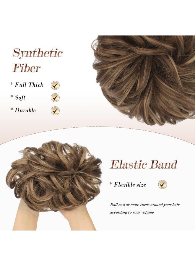 FESHFEN Messy Bun Hair Piece - Large Wavy Curly Elastic Hair Bun Scrunchies Ponytail Extensions Synthetic Chignon Hairpieces for Women, Light Ash Brown Mixed Golden Brown 1.94oz - Image 4