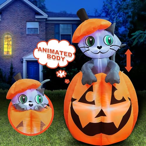 Joiedomi 5 FT Halloween Inflatables Outdoor Decorations, Inflatable Halloween Decor Outdoor Blow Up Pumpkin for Yard, Animated Blow Up Cat On Pumpkin with LEDs for Outside Decor - Image 1