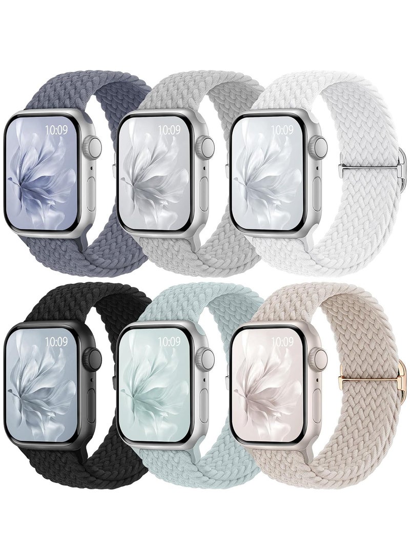 6 Pack Braided Stretchy Bands Compatible with Apple Watch Band 38mm 40mm 41mm 42mm Women Men, Adjustable Nylon Solo Loop Elastic Straps for iWatch Series 10 9 8 7 6 5 4 3 SE Ultra - Image 1
