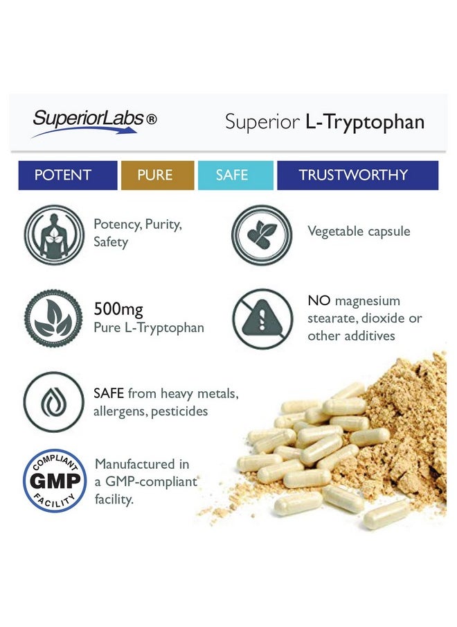 Health & Household - Superior Labs - Pure L-Tryptophan - 500Mg, 120 Vegetable Capsules - Non-Gmo Dietary Supplement For Restful Sleep & Relaxation - Supports Feelings Of Well Being And Healthy Circulation Circulation - Image 1