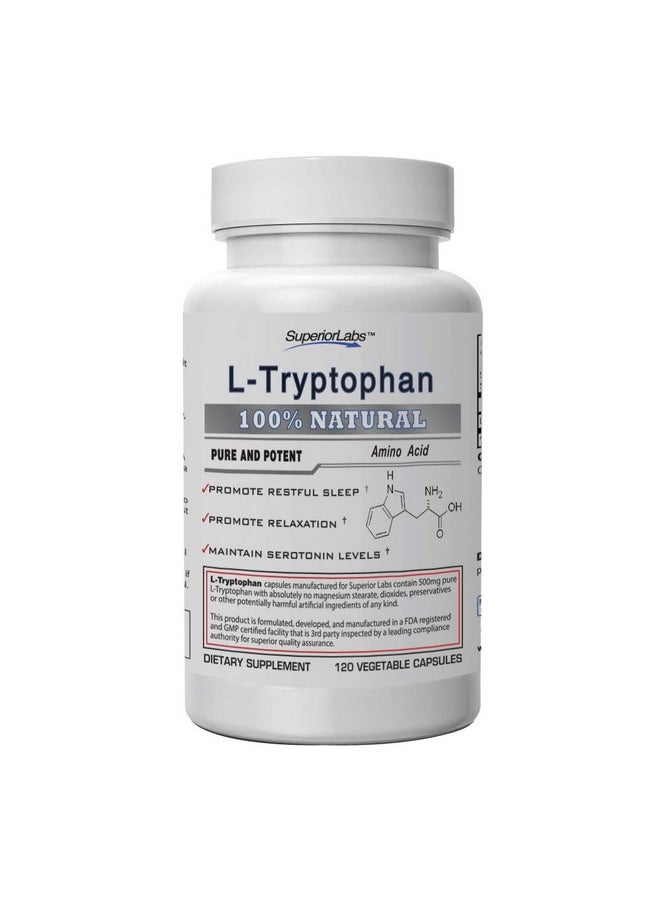 Health & Household - Superior Labs - Pure L-Tryptophan - 500Mg, 120 Vegetable Capsules - Non-Gmo Dietary Supplement For Restful Sleep & Relaxation - Supports Feelings Of Well Being And Healthy Circulation Circulation - Image 1