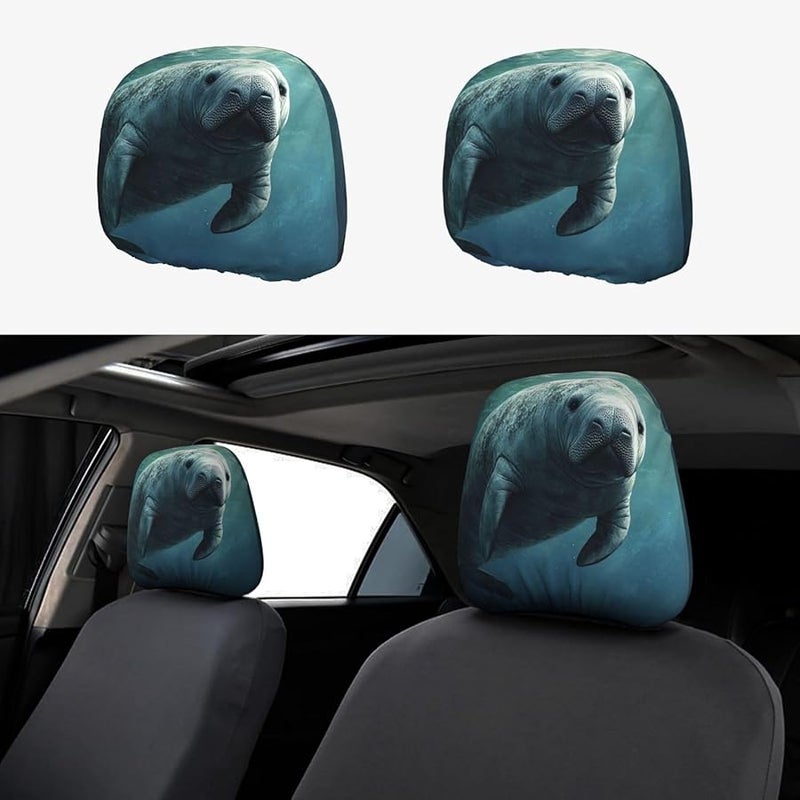 Universal Car Headrest Covers Set Of 2 Soft Breathable Elastic Ocean Animal Manatee Design - Image 1